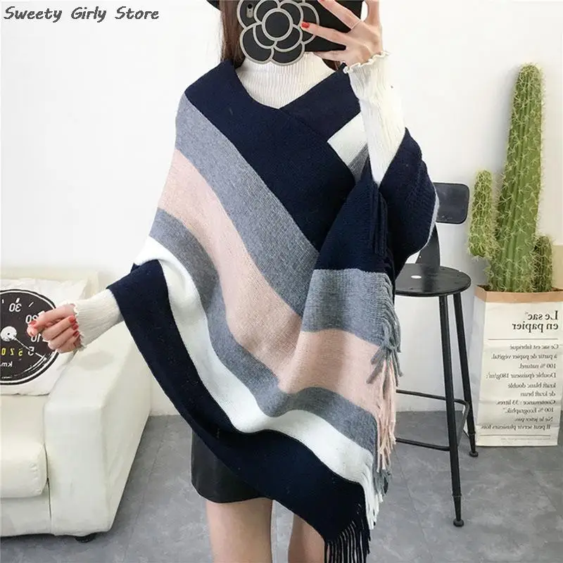 Striped Winter Knitted Cashmere Capes Women Patchwork Scarves Shawls Coat Keep Warm Knit Poncho Blanket Shawl Cardigans Sweater