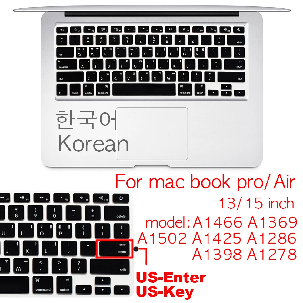 Korean US-Key US-Enter Keyboard Cover case Protector For Macbook Pro 13Air 11 12 15 touchbar A2159 A1466 A1932/A1990/A1398/A1708