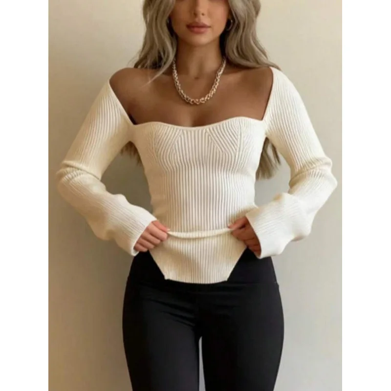 

Shoulder Bared Slim Fit Knitted Sweater Low Waist Short Pants Women's Fashion Spring Collection Comfortable Breathable Fabric