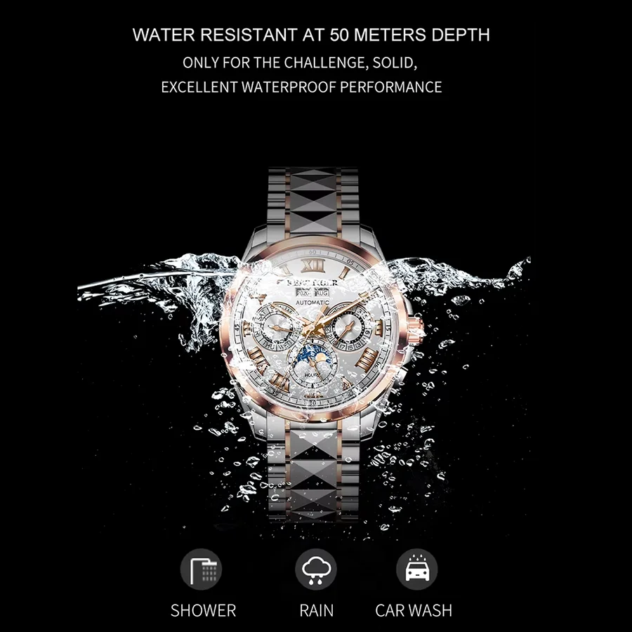 Reef Tiger Men's Automatic Watch Moon Phase 24H Calendar Display Luminous Mechanical Wristwatch Two Tone Stainless Steel
