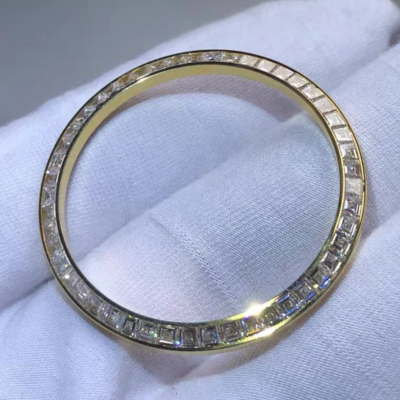 Yellow Gold Color Watch Bezel with Baguette Moissanite Diamonds Setting For RLX 40DD, 41DJ 126333 Watch Remould Watch Parts