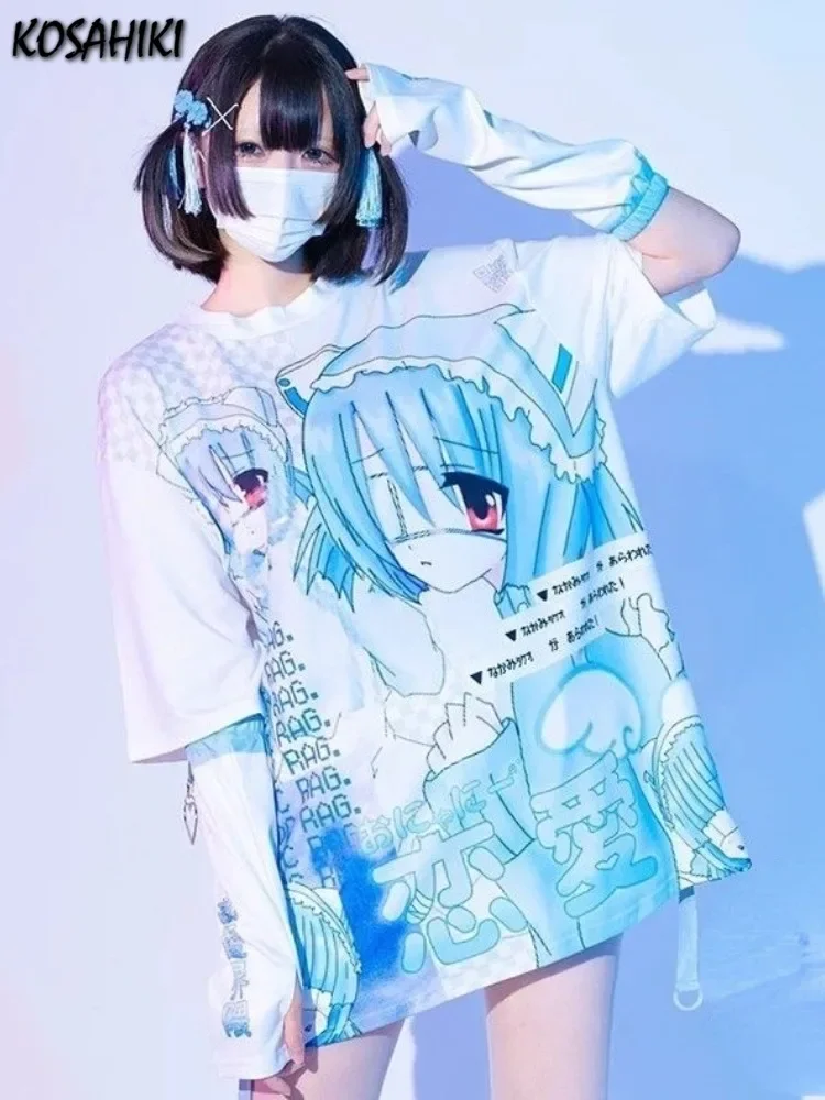 女性の漫画プリントTシャツ,ファッショナブルなTシャツ,女の子のストリートウェア,原宿,夏,カジュアル,日本,y2k