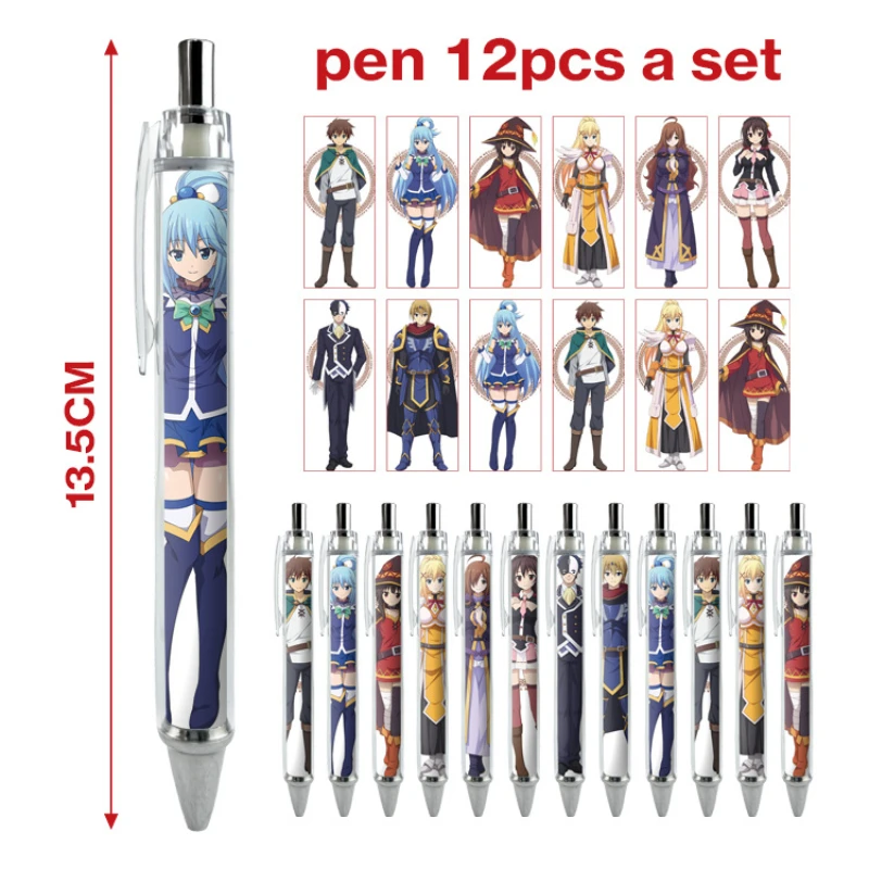 12PCS Sato Kazuma Aqua Hifumi Darkness Popular Anime Secondary Peripheral Ballpoint Pen Set Cartoon Print Stationery Gel Pen