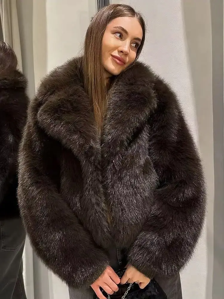 

HH зимнее женское плюшевое пальто, теплое повседневное пальто с лацканами в стиле ретро, короткое пальто с длинными рукавами и эффектом искусственного меха, женское модное однотонное пальто с карманами