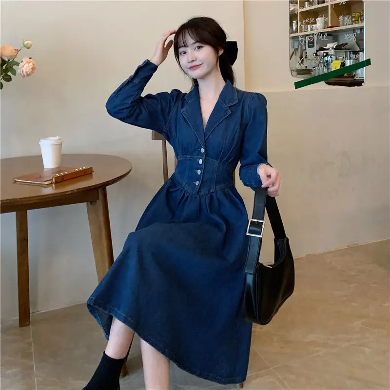 Age-reducing Temperament French Backless Denim Dress Women Autumn and Winter New Large Size Belly Slimming Design Dresses