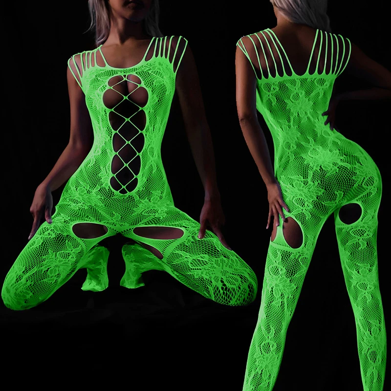 Luminous Teddy Catsuit Glow In The Dark Erotic Lingerie Full Body Stockings Open Crotch Sexy Underwear Fishnet Women Nightwear