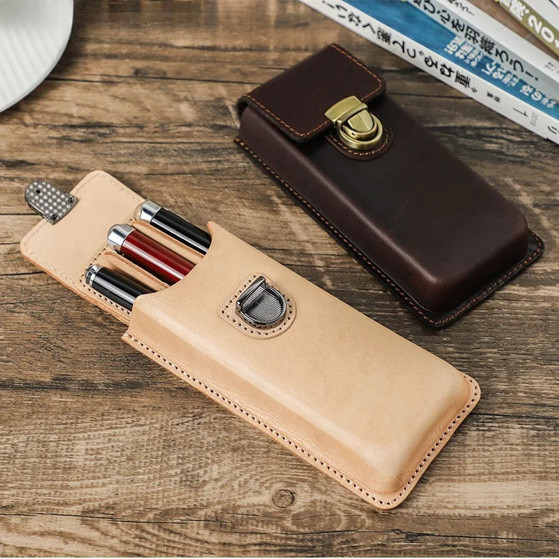 Full Grain Leather Pen Case for 3 Pens Handmade Personalized Creative Detachable Fountain Pen Storage Box for Office Stationery