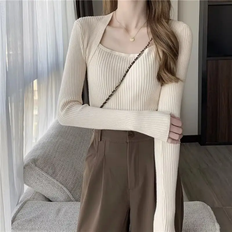 Autumn Winter New Korean Version Slim Square Collar Appear Thin Temperament Commute Knitted Sweaters Women\'s Long Sleeve Tops