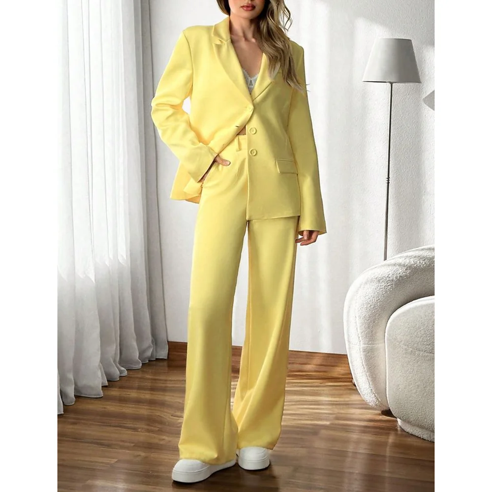 

Elegant Light Yellow Stylish Women Suit 2 Pieces Jacket Pants Work Commute Daily Casual Female Clothing