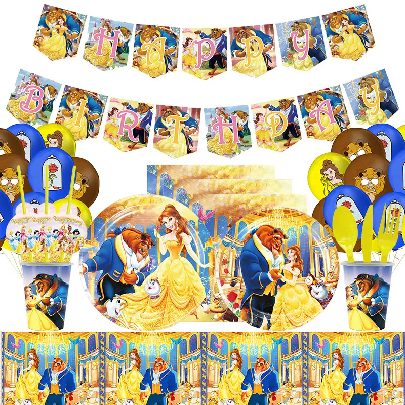 Disney Beauty And The Beast Birthday Decorations Belle Princess Birthday Party Supplies Balloon Backdrop Banner Tableware Kit