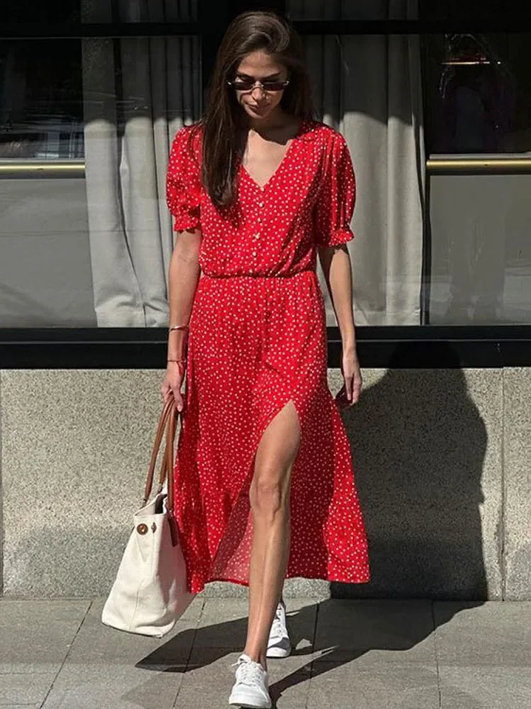 

Polka Dot Color Block Slit Long Dress Summer New Women's Sexy Deep V Waist Slim Puff Sleeve Pullover Streetwear Long Dress