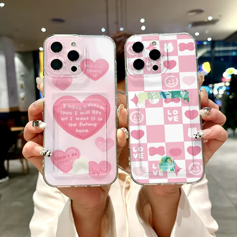 Чехол для телефона с электрокардиограмой LOVE Grid для iPhone 11, 12, 13, 14, 15, 16 Pro Max Plus X XS XR 16E, мини-карман для карт, чехлы