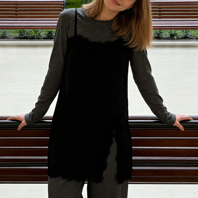 Vestido feminino patchwork de duas peças, manga comprida, camisola de renda com aparência em camadas, casual, sexy, vestido de trabalho, vestidos femininos trafizaran