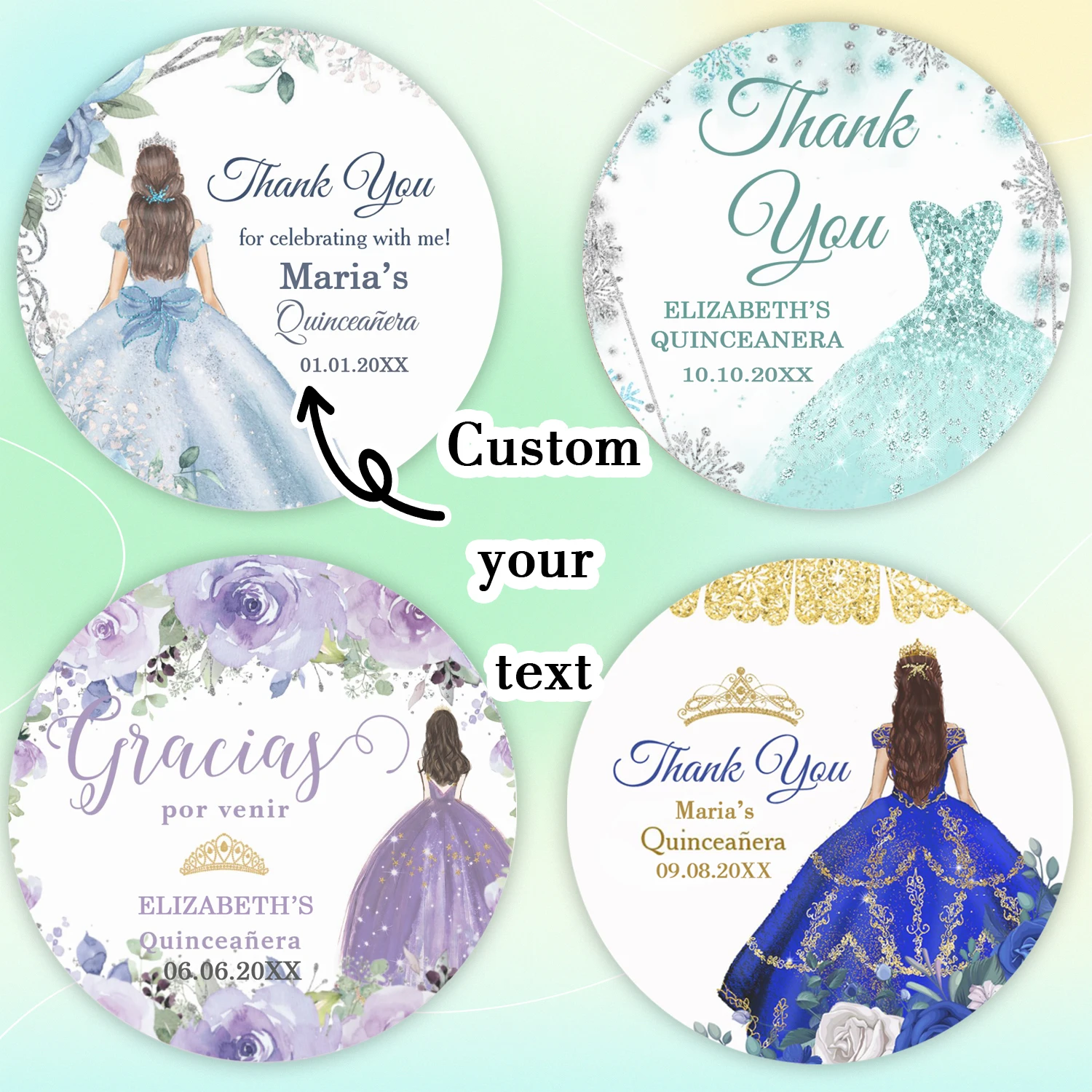 

50pcs Birthday Princess Stickers - Personalized Party Decoration Tags, Crystal Skirt with Flower and Butterfly Crown Design