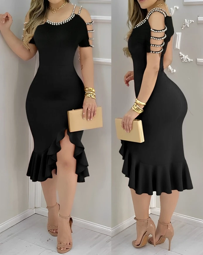 

Women's Sexy Dress 2025 Spring Summer Latest Urban Cold Shoulder Beaded Bodycon Maxi Dress Ruffle Hem Slim Fit Party Long Skirt