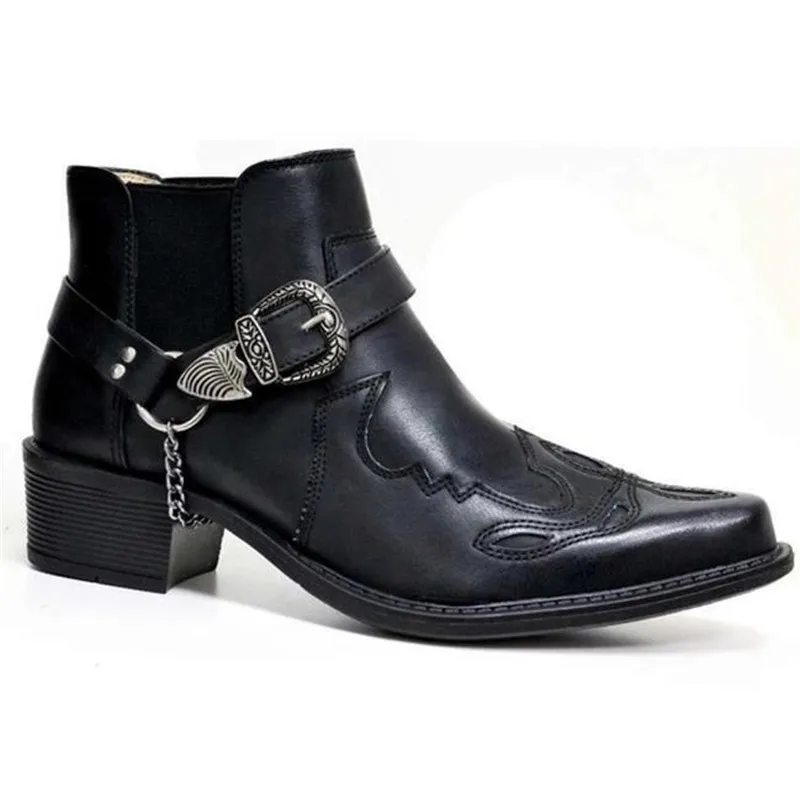 Designer Leather Men Ankle Boots Chelsea Boots Thick Heel Pointed Metal Decoration Belt Buckle Boots Cowboy Shoes boots 38 48