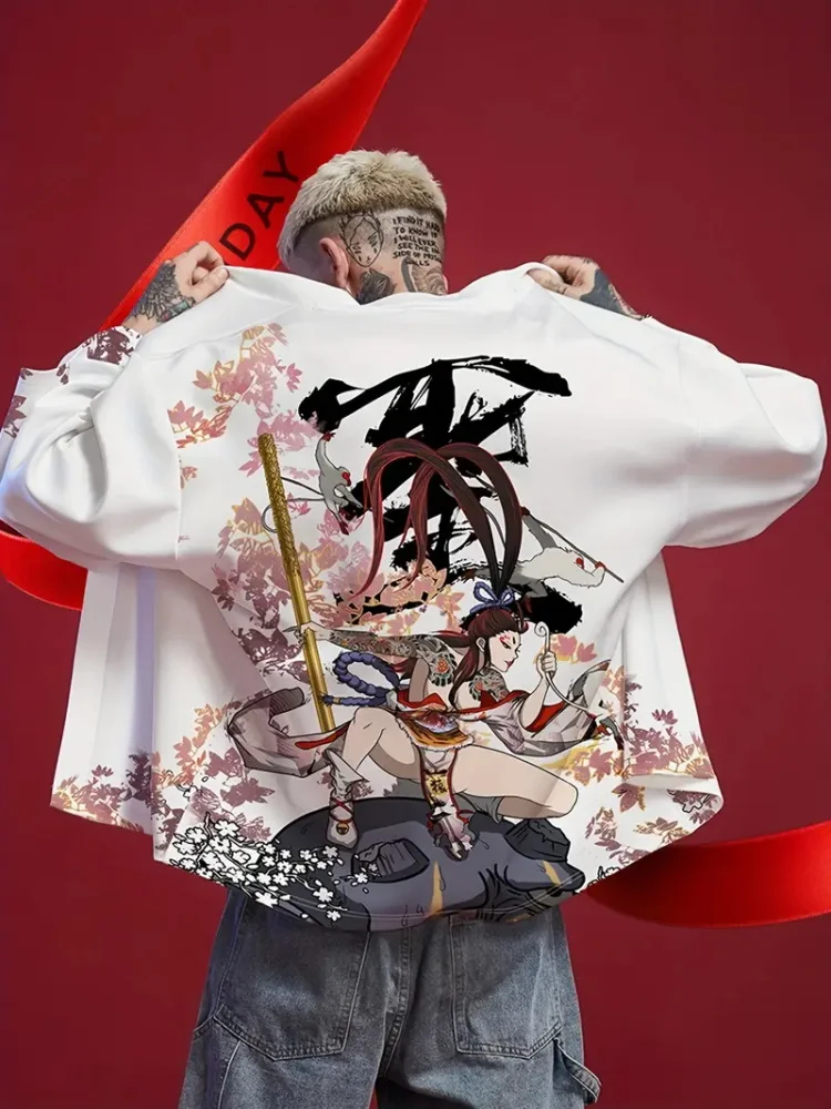 Trend Fashion Japanese Summer Kimono Red Lotus Dream Bong Xian Print Traditional Kimono Casual Loose Cardigan Short Sleeve