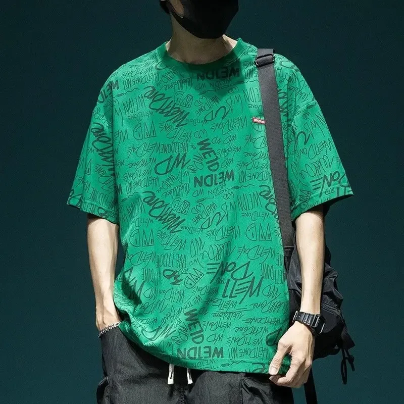 

Men's T-shirt Green O Neck Alphabet Print Male Tees Shirts Baggy Summer Cool Korean Popular Clothes Luxury High Quality Y2k Tops