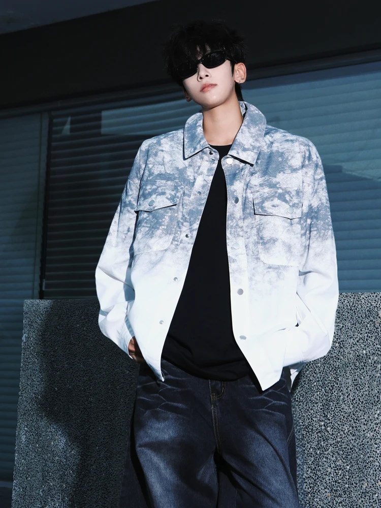 2025 Spring and Autumn New Men's Pink Tie-Dye Gradient Denim Shirt Couple Blue Black Casual Loose Daily Shirt Jacket