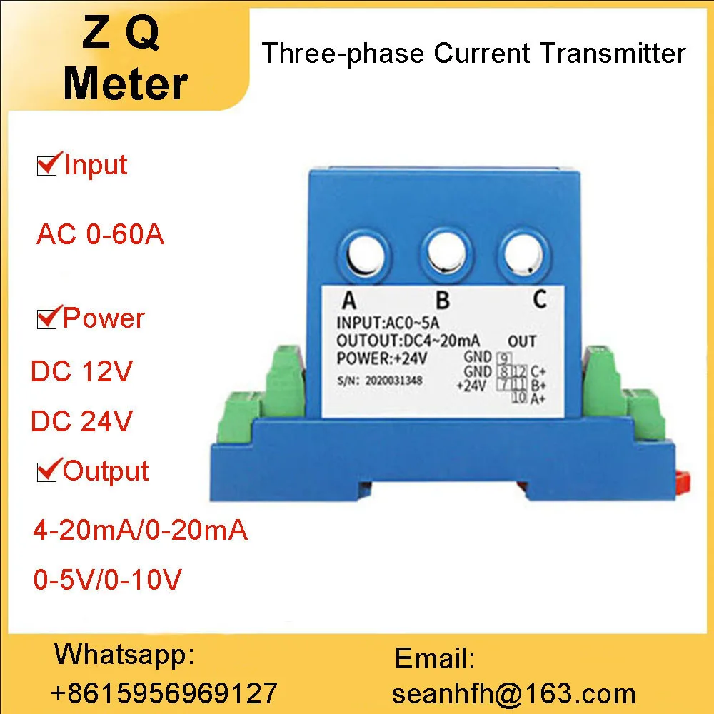 Three-phase AC current transmitter AC0-5A10A to 4-20mA0-10V isolated output conversion module perforated