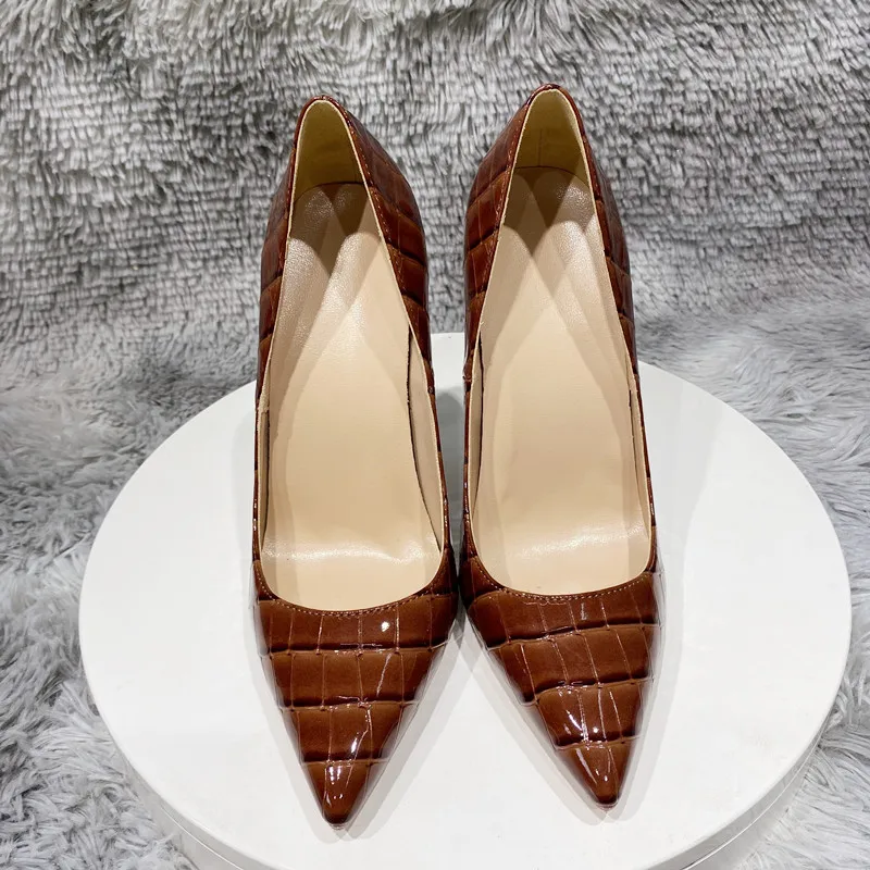 Tikicup Coffee Brown Crocodile Women Sexy 12cm High Heels Party Shoes Ladies Slip On Pointy Toe Stiletto Pumps Plus Size 33-46