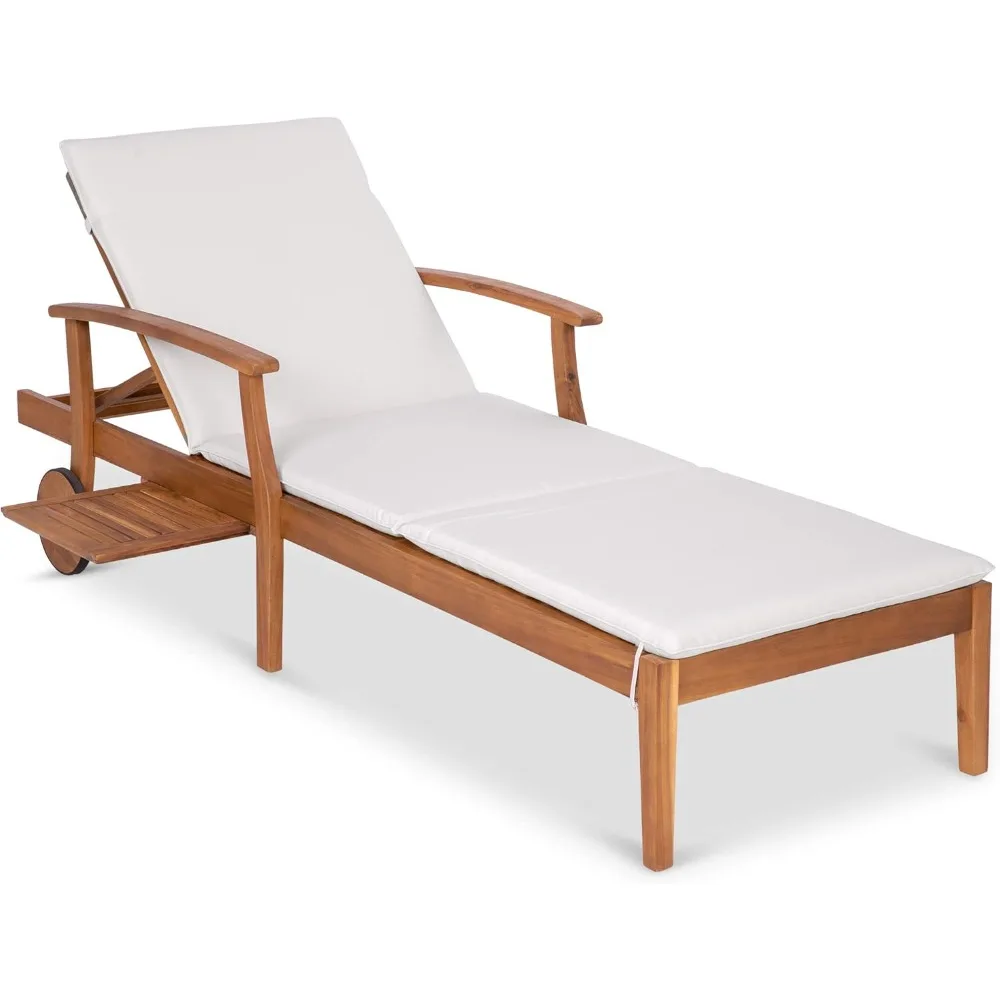 Acaciahout Chaise Lounge Stoel Fauteuil, Tuinmeubilair Voor Terras, Zwembad Met Uitschuifbare Bijzettafel, Met Schuim Gewatteerd Kussen