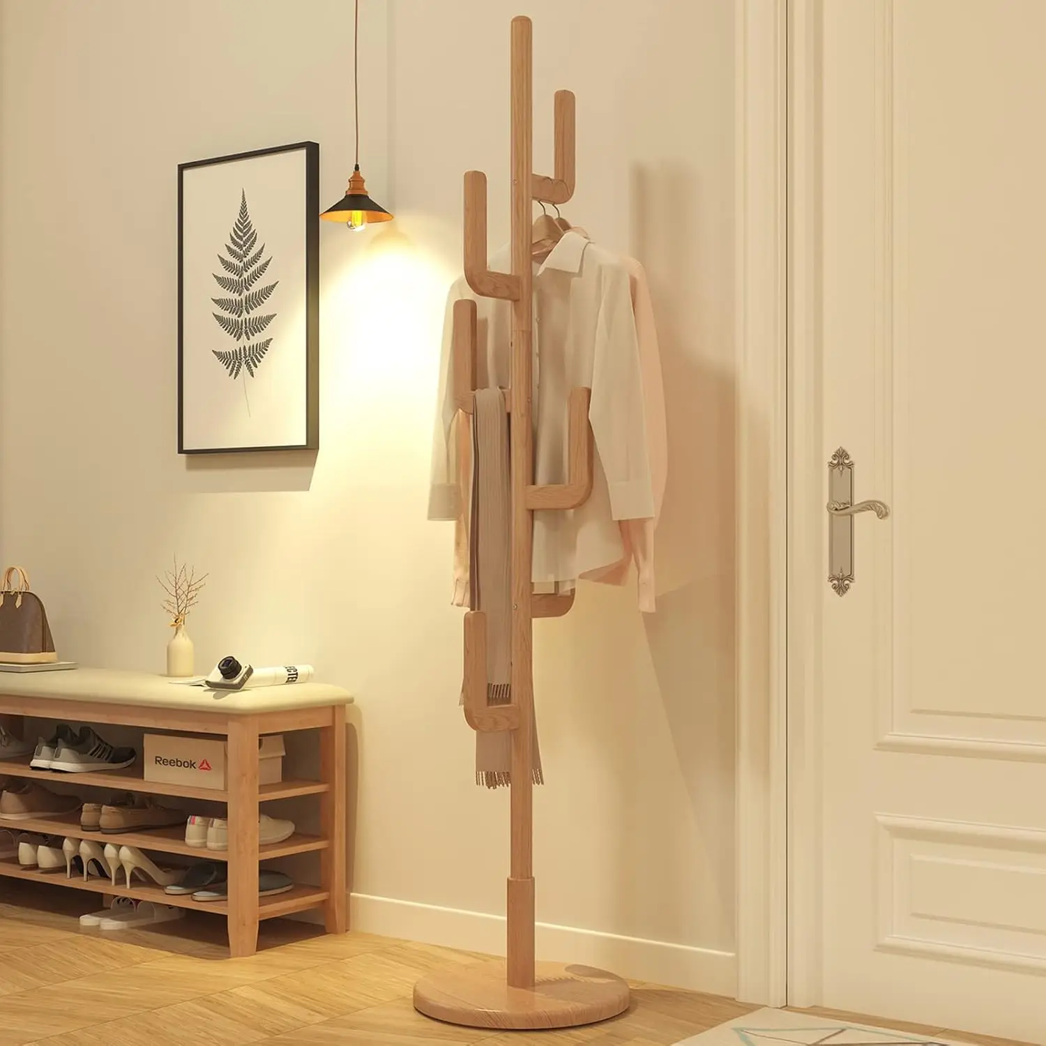 

KungFuWood Coat Rack, Unique Design Cactus Coat Rack Freestanding, Adjustable Height Wooden Coat Rack Stand with 6 Hooks, Easy A