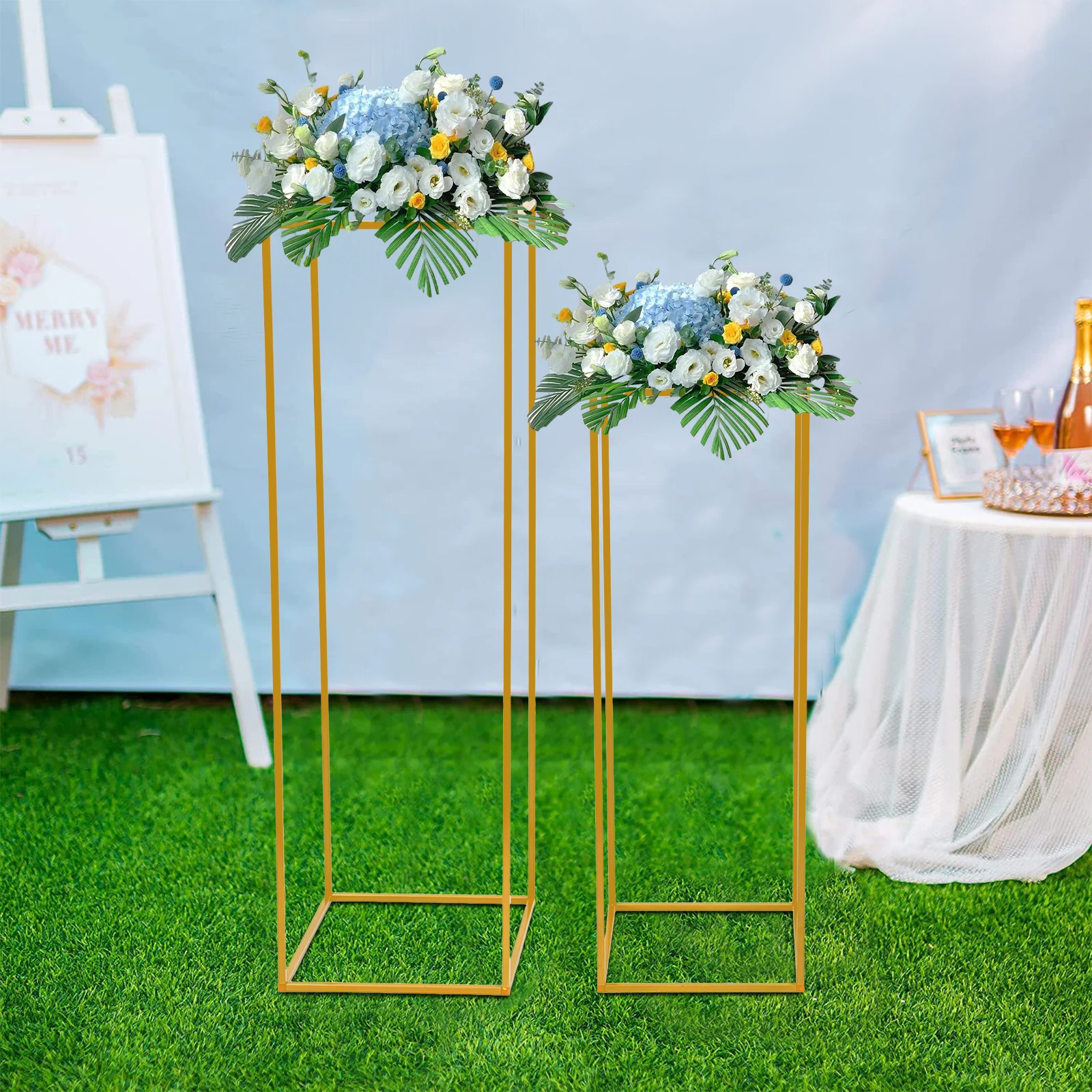 2Pcs Tabletop Flower Stands Metal Square Floral Decor Vase Floor Column Holder Gold Display Rack Road Guide for Wedding Party