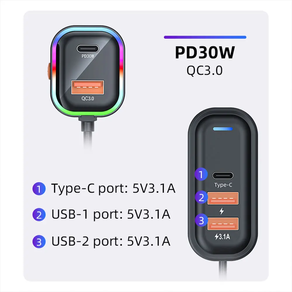 Caricabatteria da auto da 100W con carica posteriore tre caricabatterie USB per telefono da auto Type-C PD ricarica rapida per IPhone Xiaomi Huawei