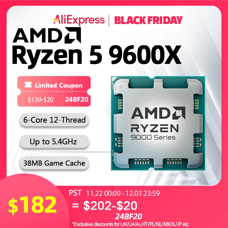 AMD Ryzen 5 9600X Processor 5.4GHz 6-Core 12-Thread 38MB Game Cache 4NM TDP 65W Socket AM5 Gaming CPU Zen 5 Integrated Graphics