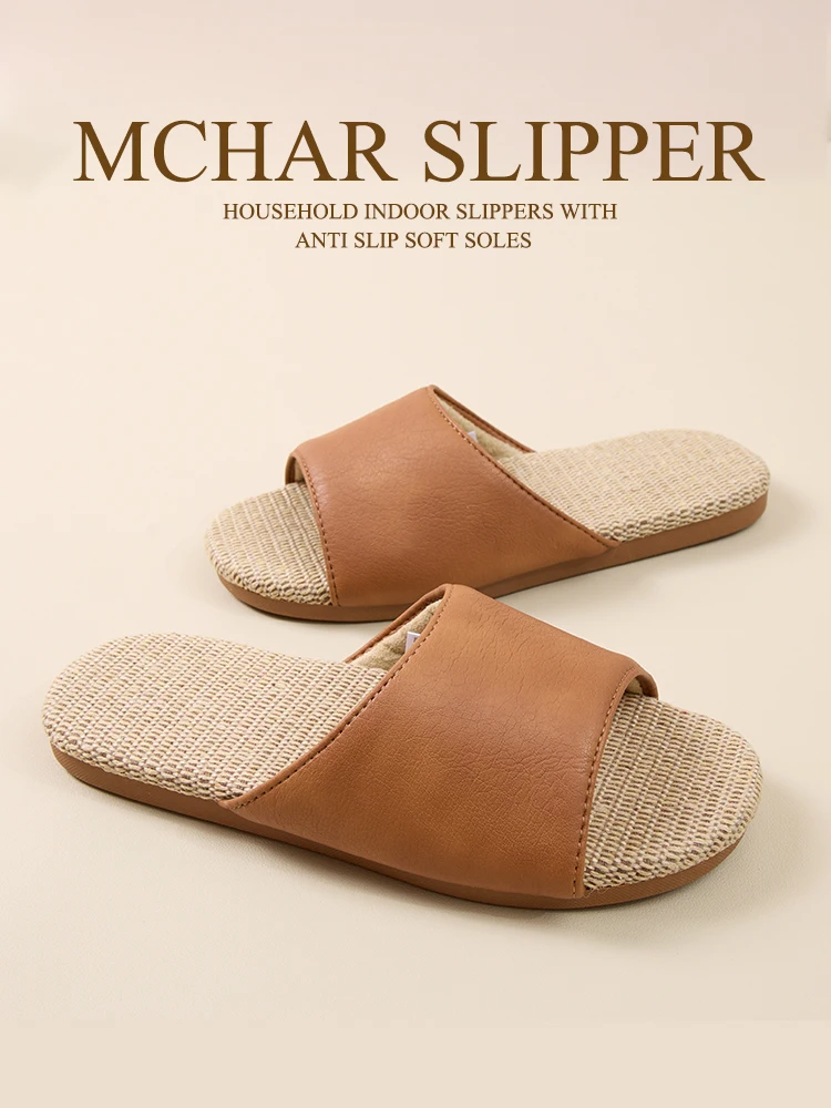 

Linen Slip-On Slippers Breathable Absorbent PU Leather Surface Non-Slip Soft Bottom Indoor Home Use for Men And Women