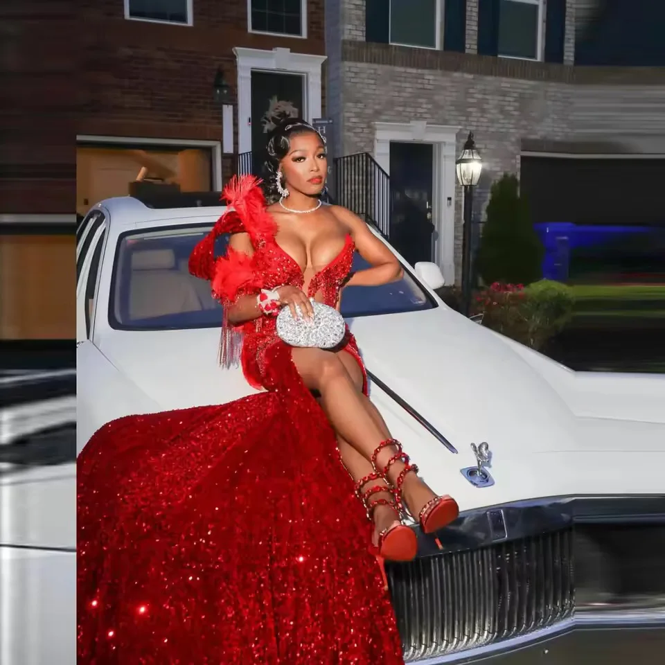 Red Aso Ebi Prom Dresses Luxury Mermaid Beaded with Feathers Sexy High Slit Birthday Dress Formal Occasion Party Evening Gowns view 3