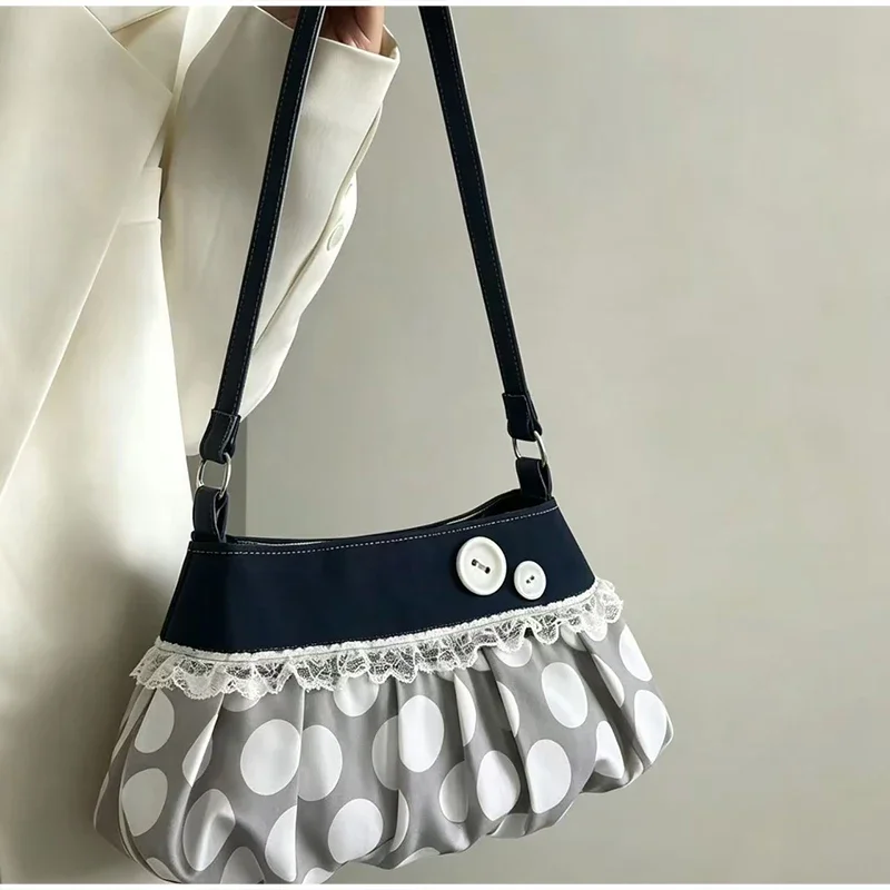 Gestreifte, gepunktete, plissierte Umhängetasche, koreanische süße, niedliche Damen-Umhängetasche, lässige Pendler-Geldbörse, leichte Handtasche – Detail 5