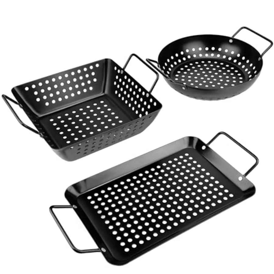 

Набор из 3-х небольших перфорированных корзин для гриля с антипригарным покрытием, для овощей, морепродуктов и мяса, усиленная конструкция.