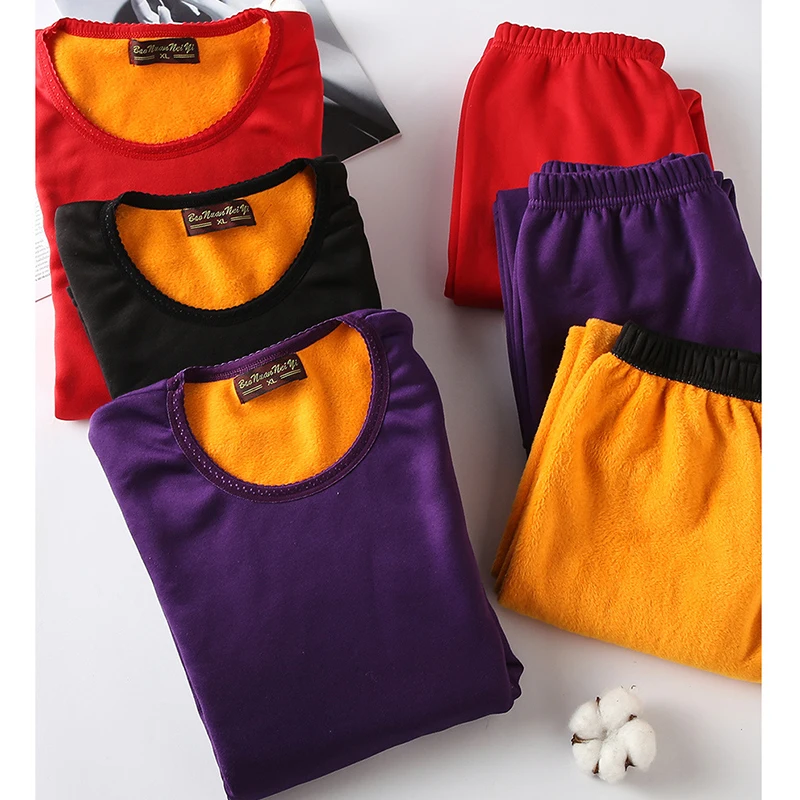 Men's Velvet Heat Storage Thermal Underwear Stretch Breathable Fashion Round Neck Women's Autumn Clothes Pants Set Autumn Winter