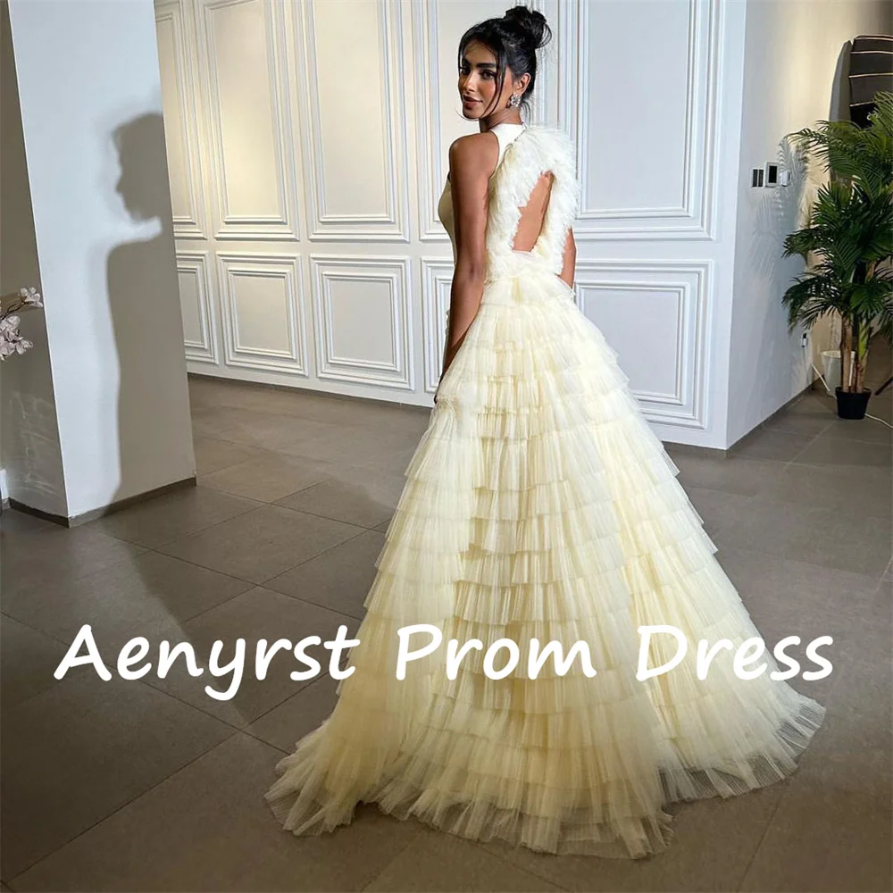 Aenyrst Elegant Satin Mermaid Evening Dresses Open Backless Tulle Tierd Train Prom Gowns High Collar Party Dress فساتين السهرة