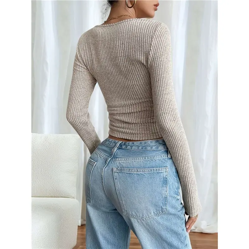 AEF6-Women Long Sleeve Shirts Square Neck Tops Basic Teen Girls Crop Tops Fall Outfits Fashion Clothes