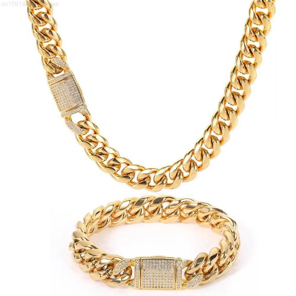 Women Diamond Clasp Miami Cuban Link Necklace Hip Hop Jewelry Mens Non Tarnish Stainless Steel 12mm 18k Gold Plated Cuban Chain