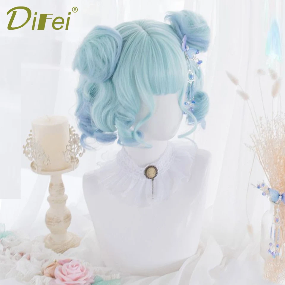 Mint Macaroon Short Curly Synthetic Wig Female Fluffy Cute Lolita Blue-purple Gradient Short curly Christmas Cosplay Party Wig