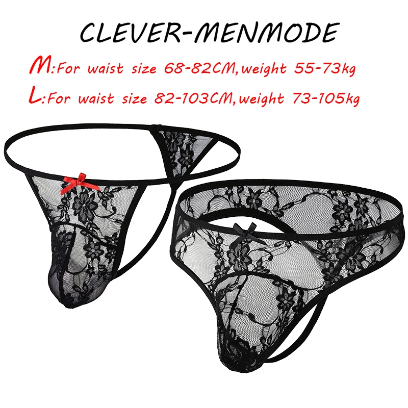 CLEVER-MENMODE Sexy Lace Thong High Fork Ultra-Thin Bow Tie See-Through Underpants G String Hollow Out Mini Male Lingerie