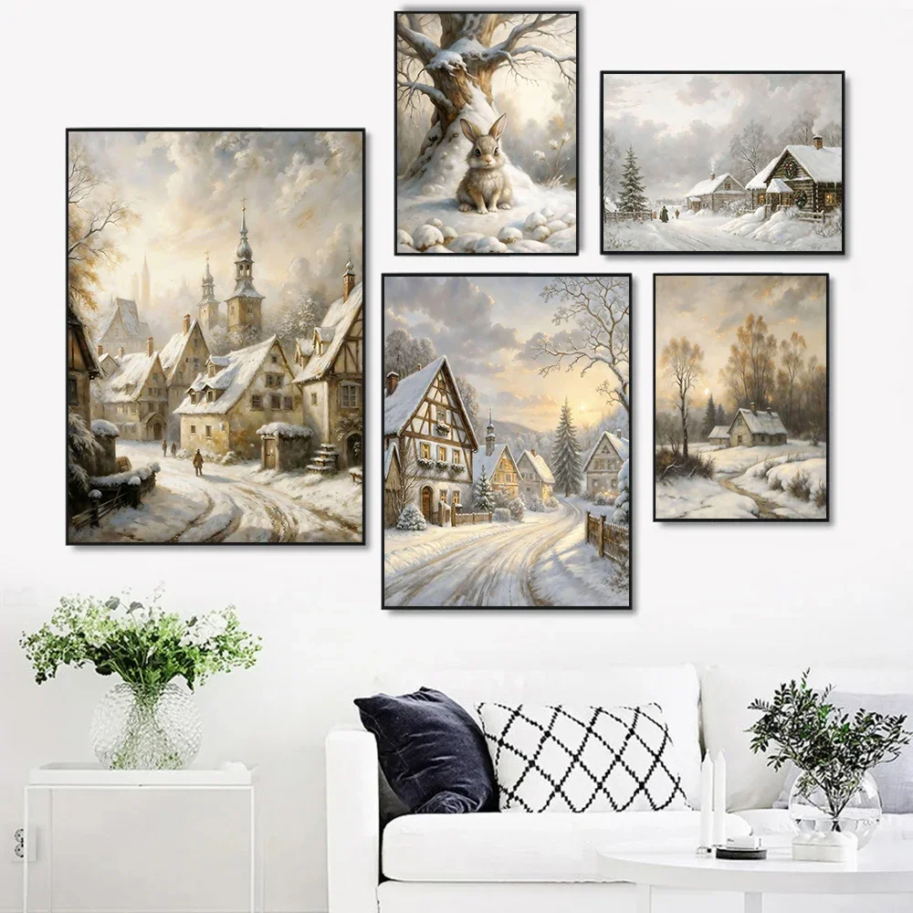 1pc frameless Canvas painting Winter Greek Town Village Olive Tree Rabbit Retro Posters Prints Canvas Painting Wall Art Picture