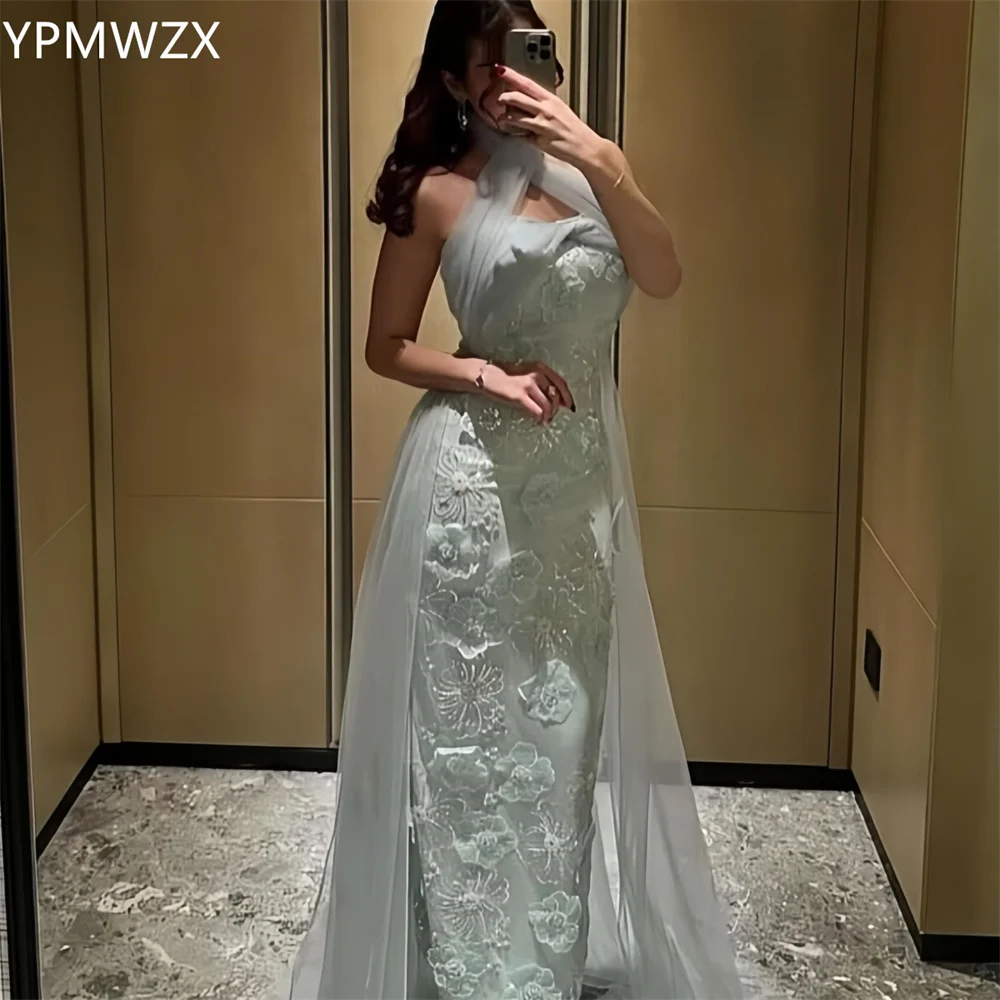 

Customized Prom Gown Evening Women YPMWZX Halter Column Floor Length Skirts Applique Sleeveless 3D Flower Bespoke Occasion Dress