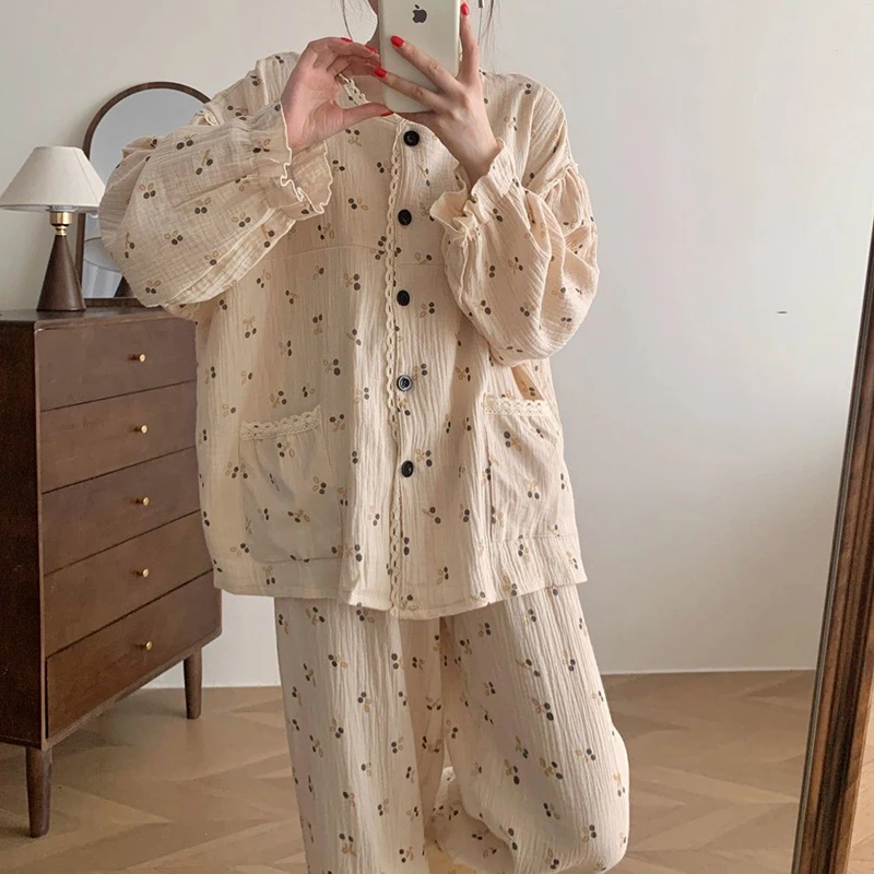 Cherry Sleepwear Women Pajama Sets Aututmn Piiama Lace Pants Sets 2 Pieces Korean Cute Night Wears Pocket Sleeping Home Suit New