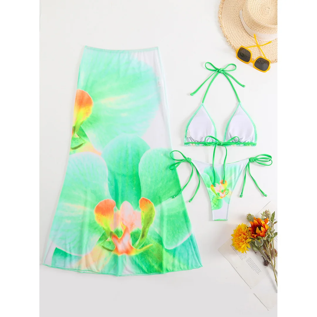 Blumenmuster mit Rock, Neckholder-Bikini, Damen-Badebekleidung, dreiteiliges Bikini-Set, Damen-Badeanzug, Badebekleidung, Badeanzug, Schwimmkleidung V6637 – Detail 38