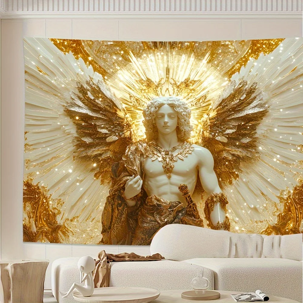 نسيج سانت مايكل أنجل الذهبي والأبيض الفاخر - تصميم سماوي معقد مع نجوم مشعة، مصنوع من البوليستر عالي الجودة