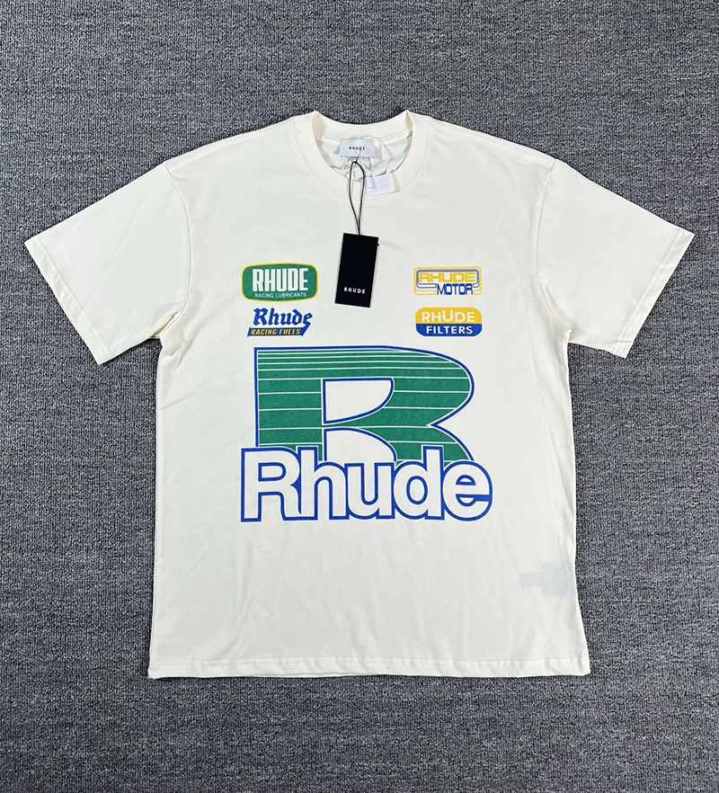 New Arrival RHUDE Men's T-Shirt Retro Racing Logo Loose Casual Short Sleeve Streetwear Fast Delivery
