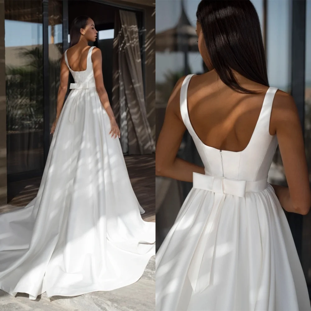 Vestido de novia de satén blanco exquisito personalizado, temperamento, cuello cuadrado, tirantes finos, sin mangas, cola capilla, vestidos de novia