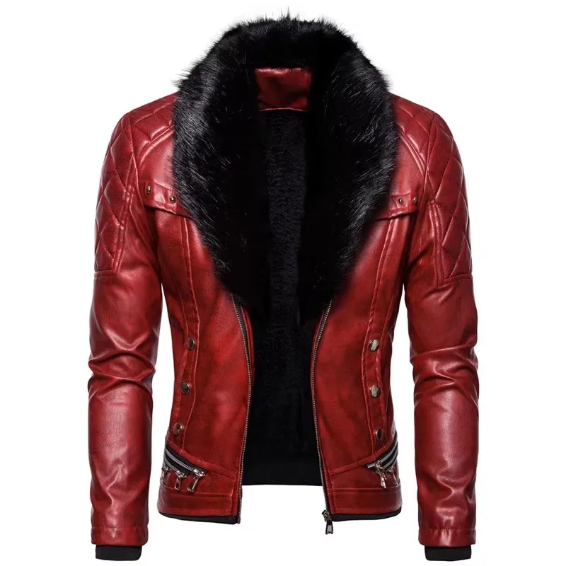 

Pop New Winter Fleece Motorcycle Leather Jacket Men Turn Down Fur Collar Slim Fit Warm PU Bomber Jackets Coats Mens Moto Biker C