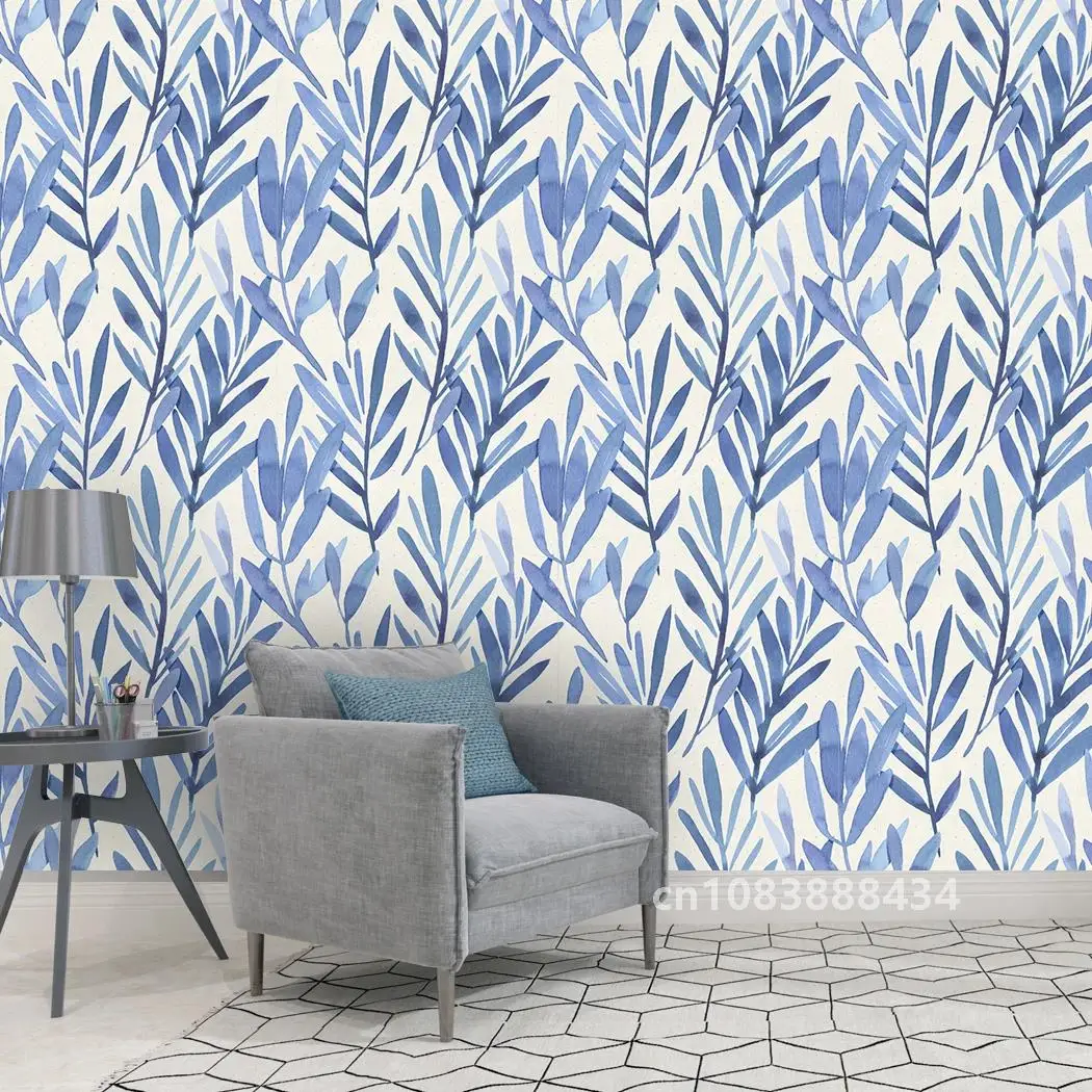 Watercolor Leaf Peel And Stick Wallpaper Blue Breezy Vinyl Removable Contact Paper Self-Adhesive Wallpaper For Living Room Decor