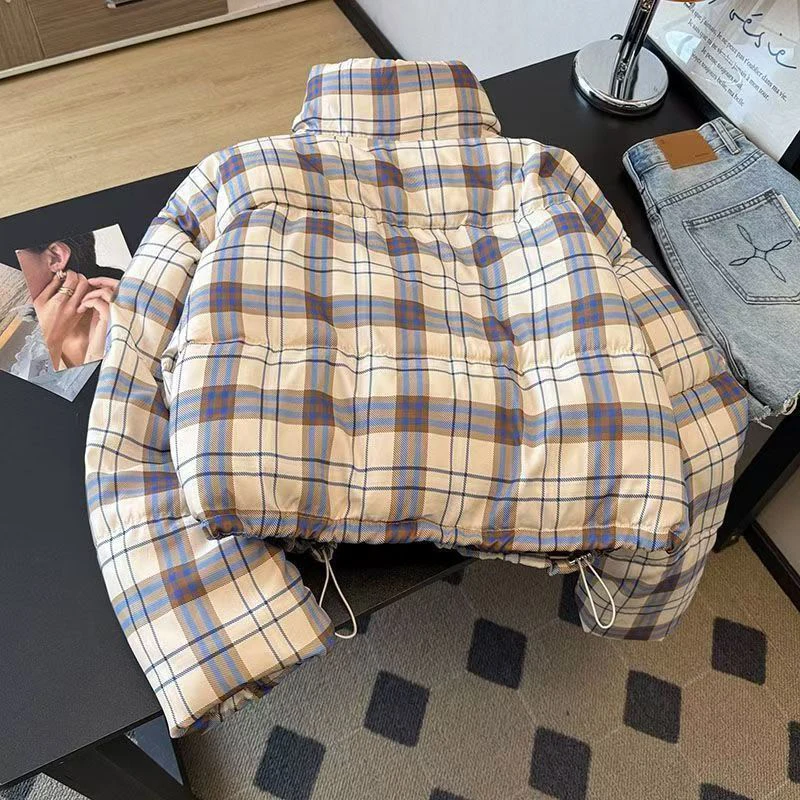 Warm Plaid Korean Women Puffer Jacket Stand Collar Zip Up Cropped Coat Drawstring Hem Thick Winter Outerwear Top
